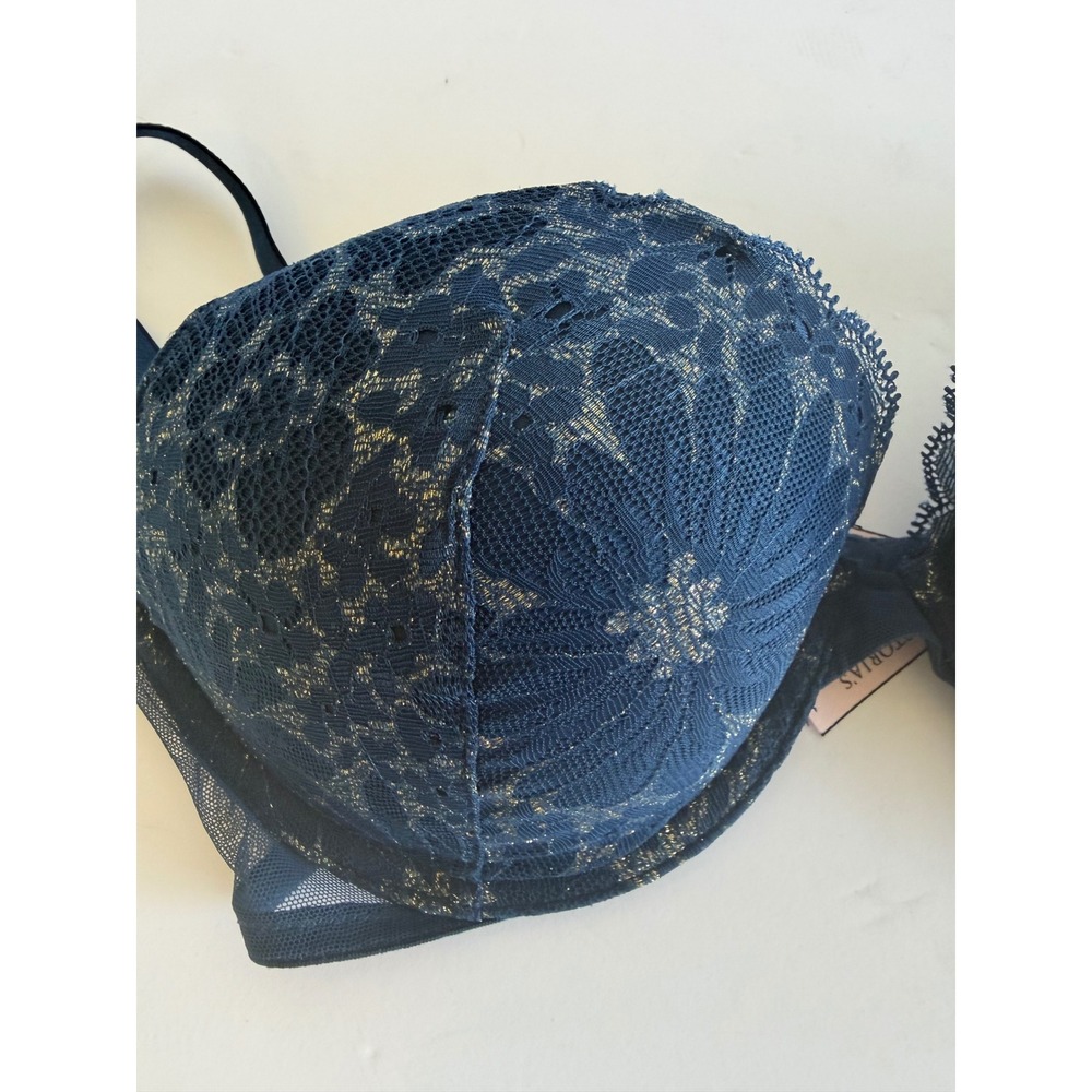 Victorias Secret Navy Blue Gold Metallic Floral Lace Push-Up Bra 34C 165380-QB5 - Picture 7 of 7